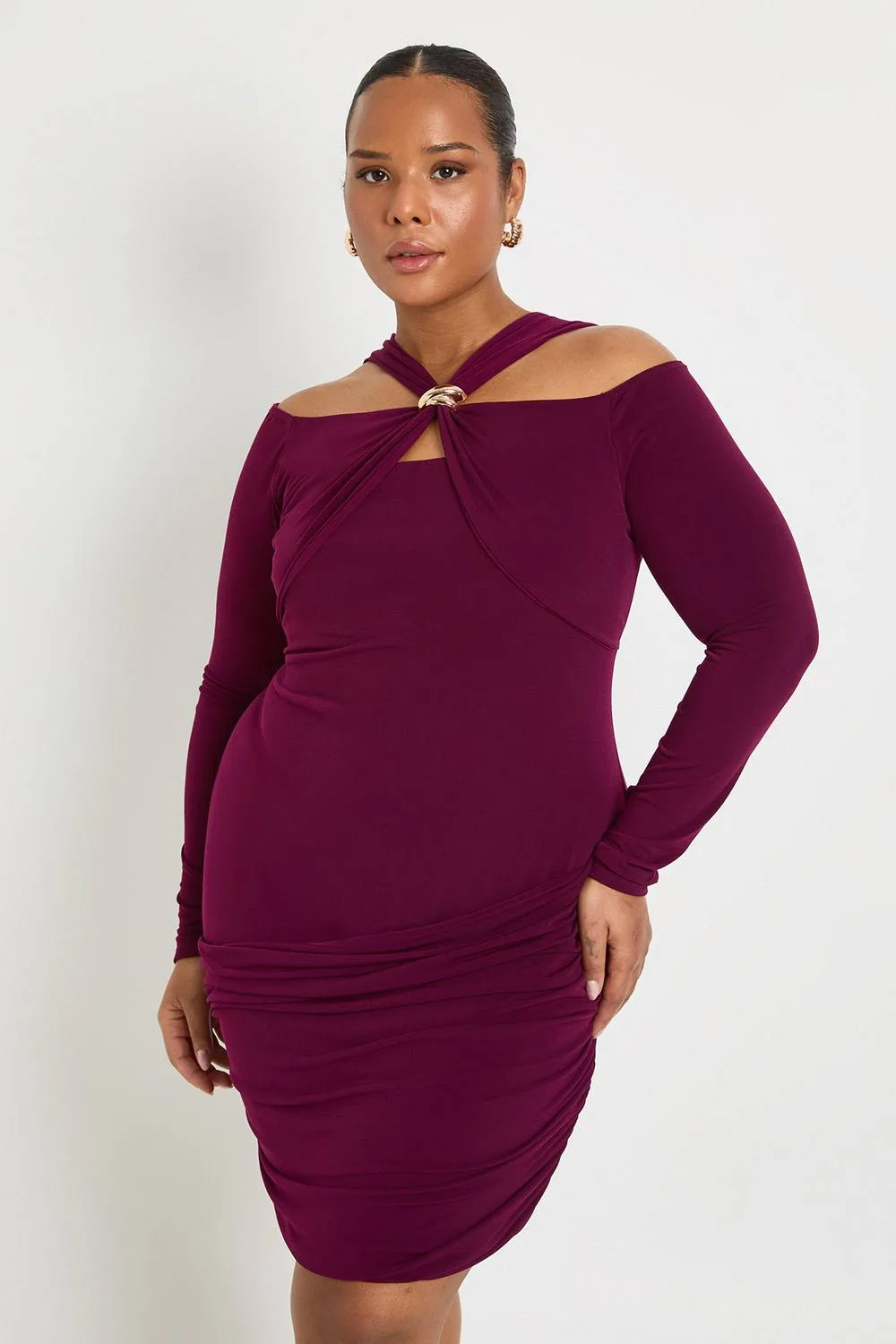 Long Sleeve Halter Gold Trim Mini Dress by boohoo