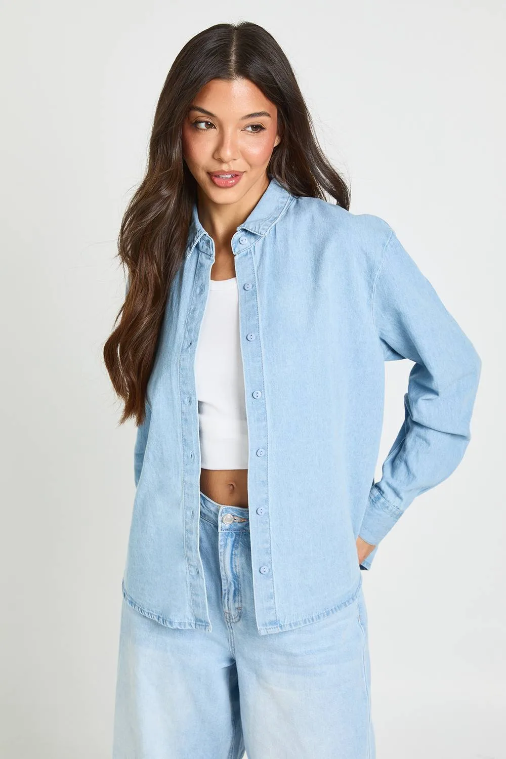 Chambray Balloon Sleeve Oversized Shirt by boohoo