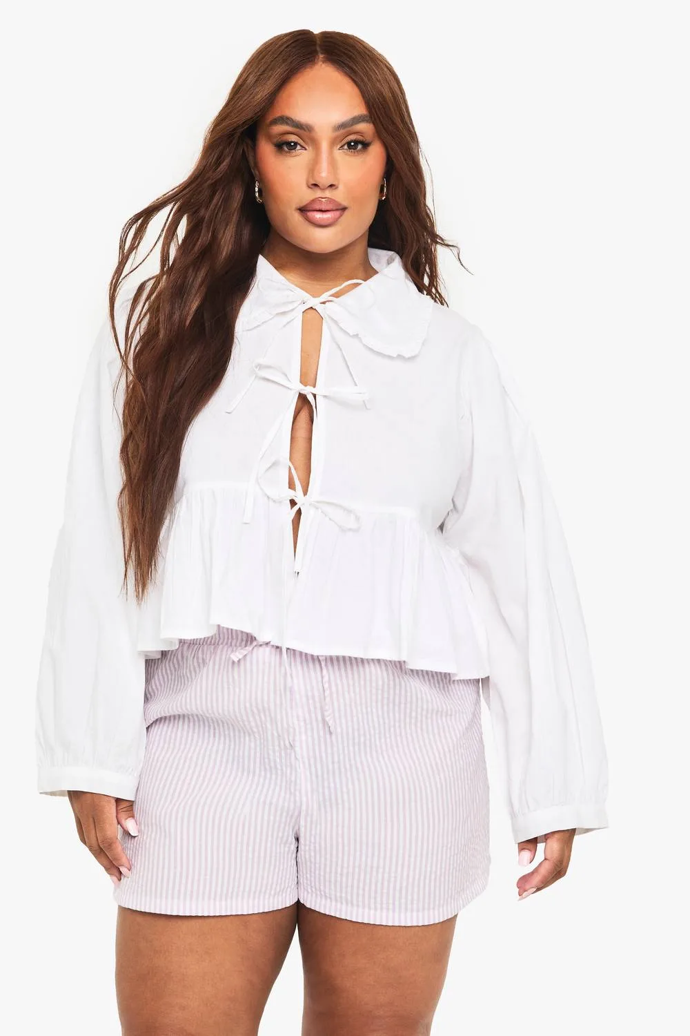 Cotton Collar Tie Front Blouse by boohoo