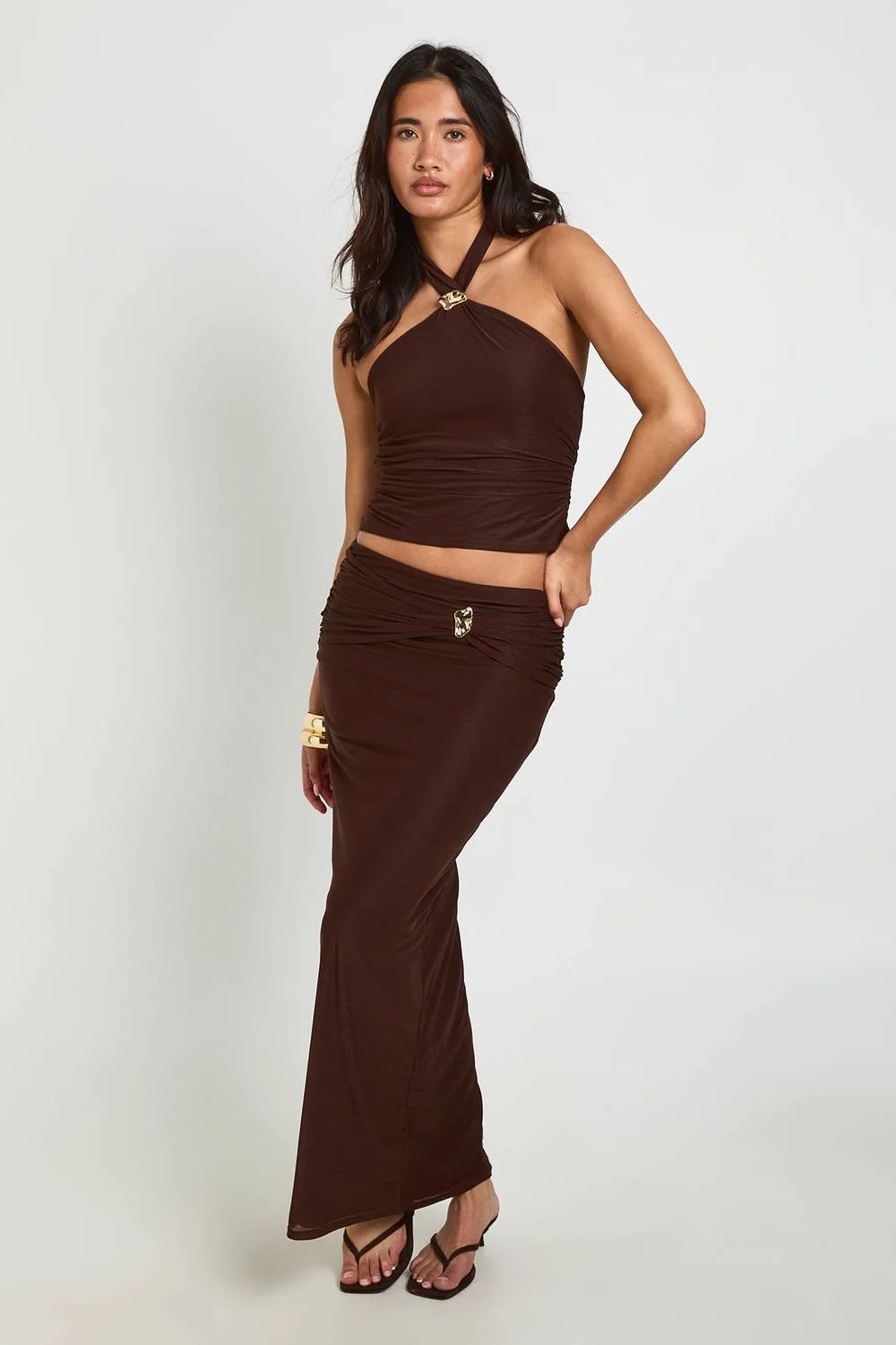 Sheer Ruched Belt Trim Detail Maxi Skirt