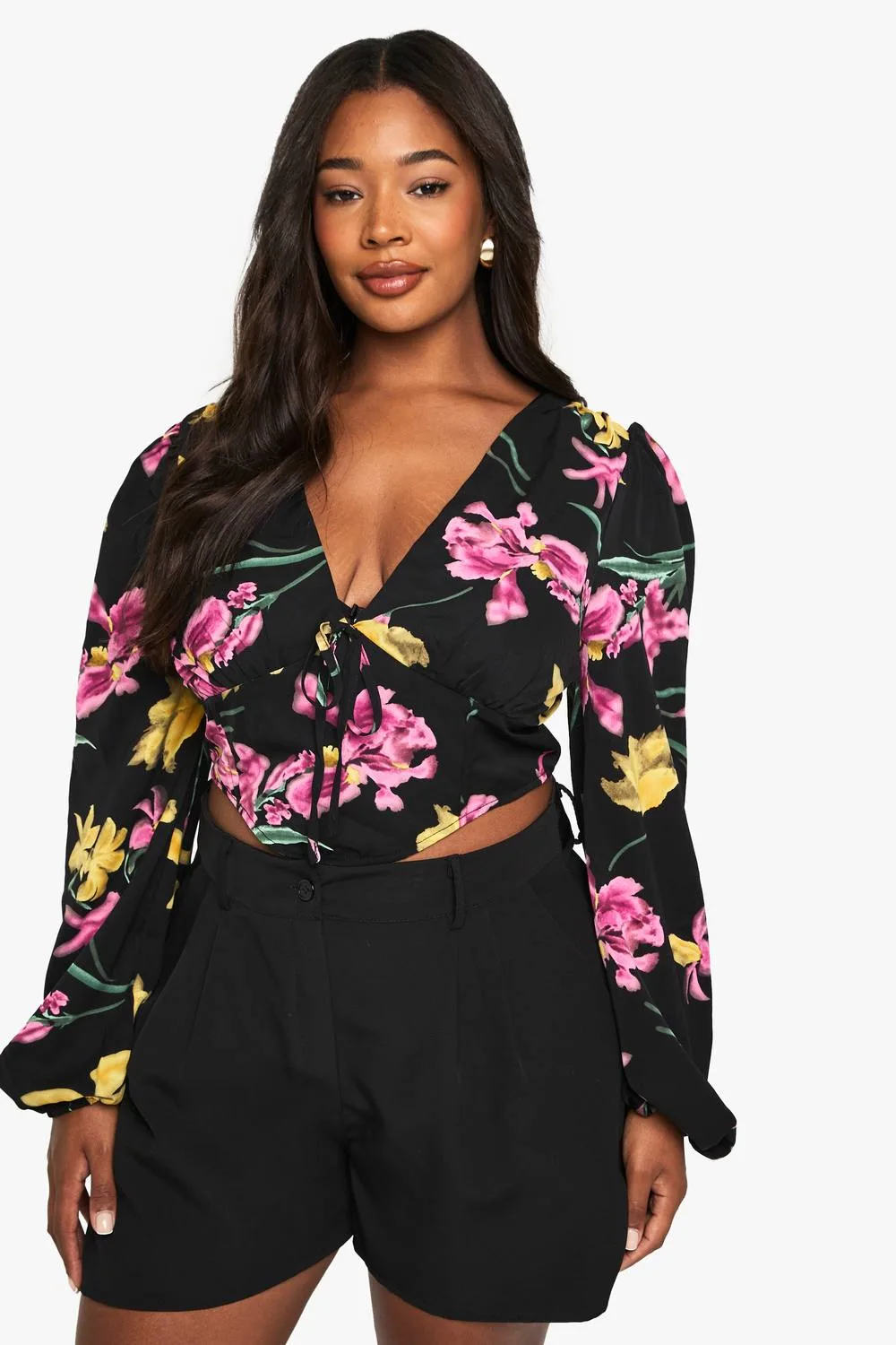 Floral Puff Sleeve Longline Corset Top by boohoo