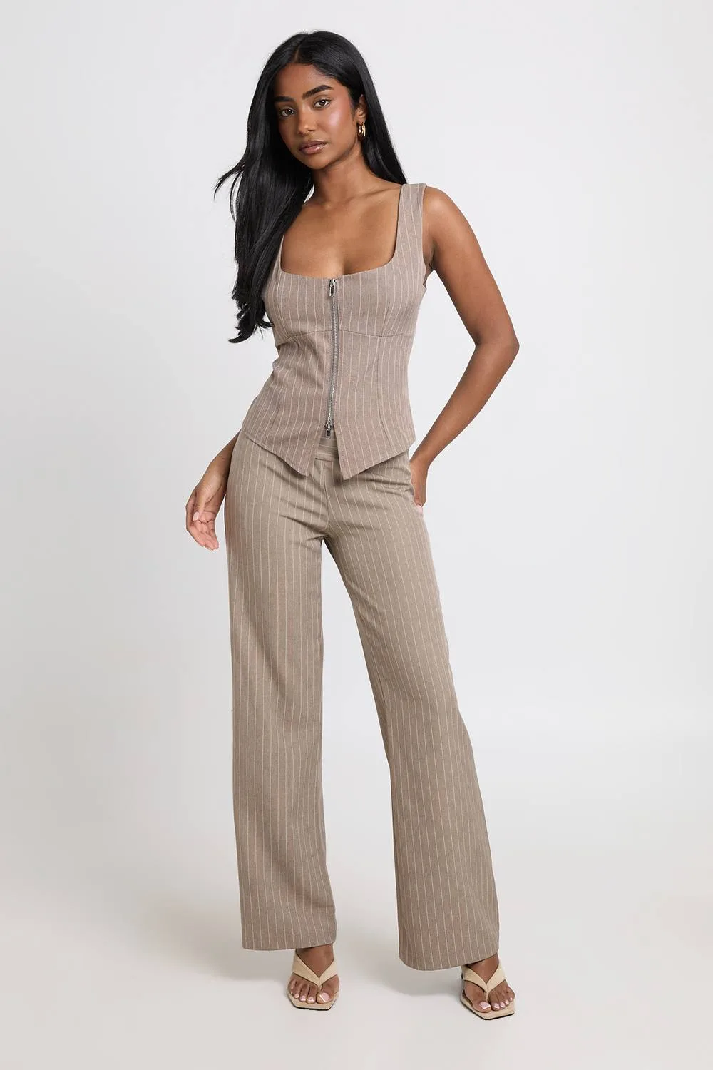 Pinstripe Crepe Low Rise Slim Flare Trouser by boohoo