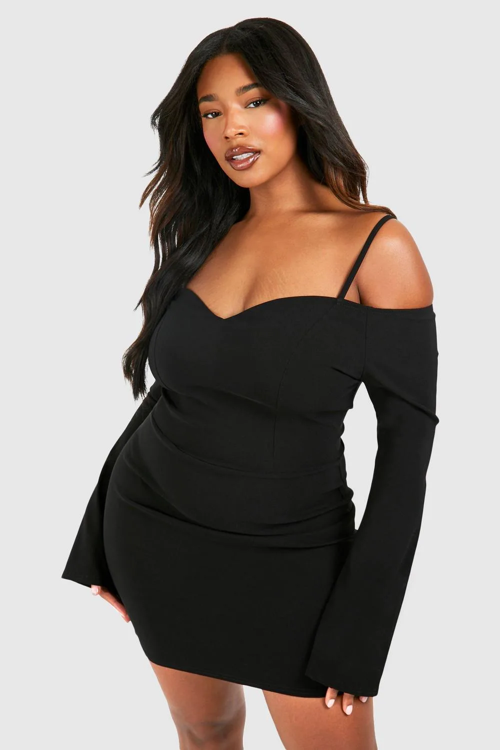 Bengaline Off-The Shoulder Long Sleeve Mini Dress by boohoo