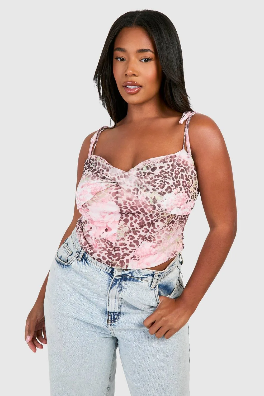 Faded Leopard Mesh Tie Shoulder Corset Top by boohoo
