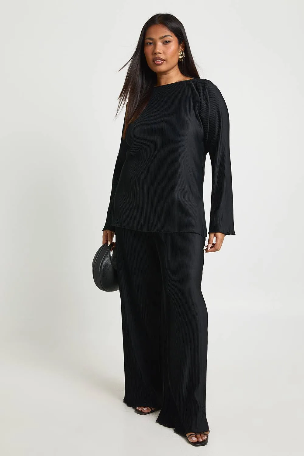 Boat Neck Plisse Long Sleeve Top & Wide Leg Trousers Co Ord