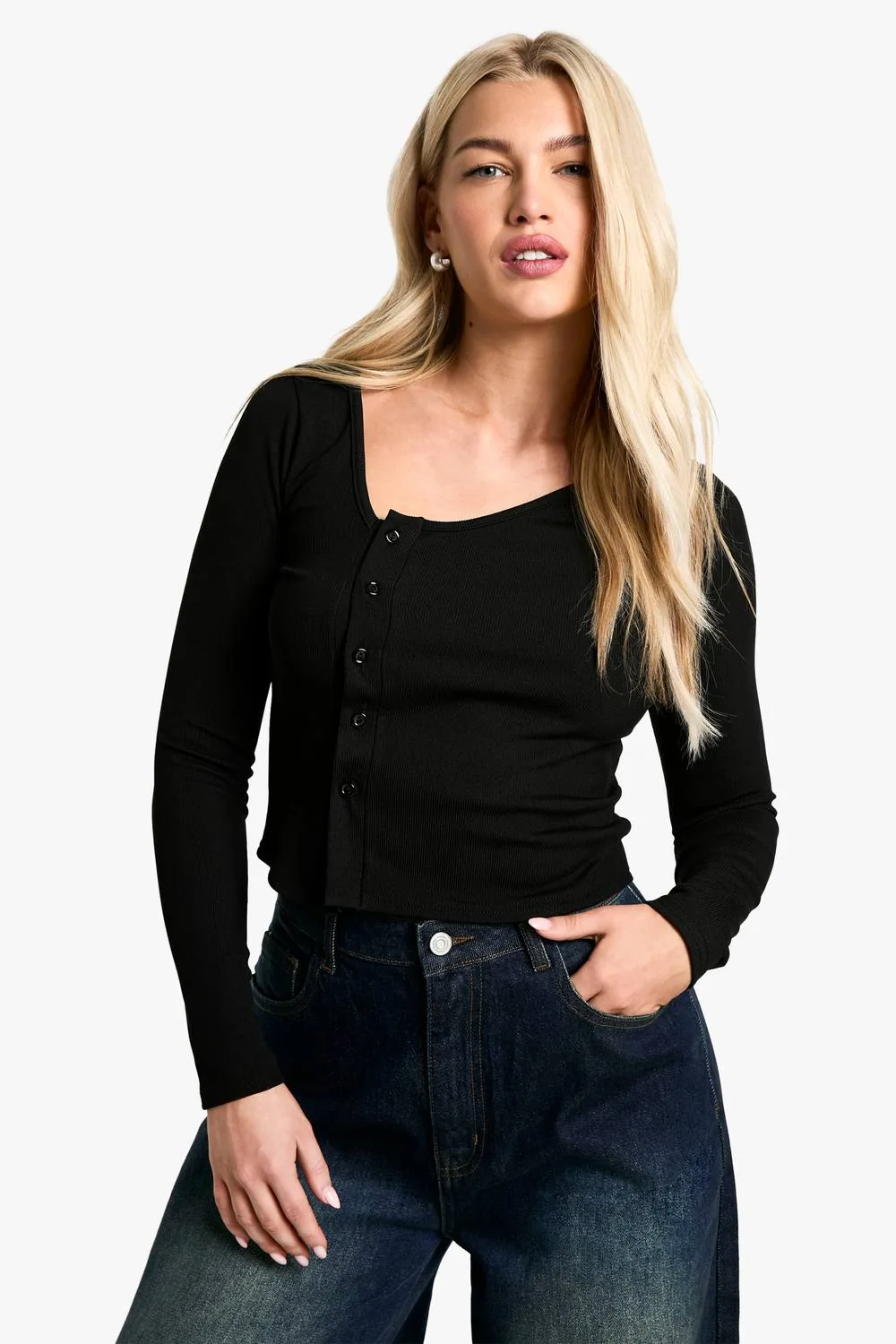 Rib Asym Neck Button Through Top by boohoo