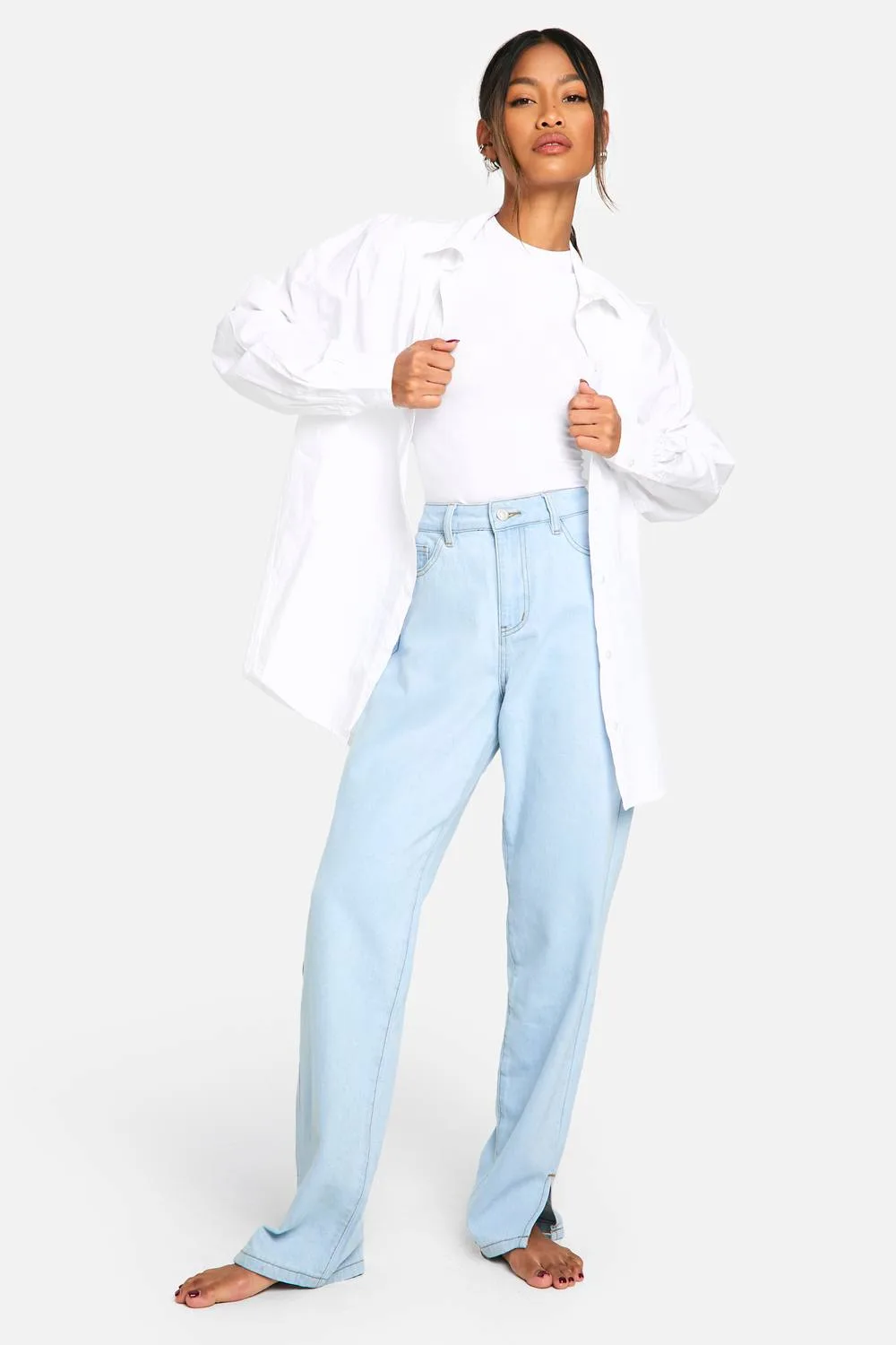 Basics High Waisted Split Hem Straight Leg Jeans by boohoo