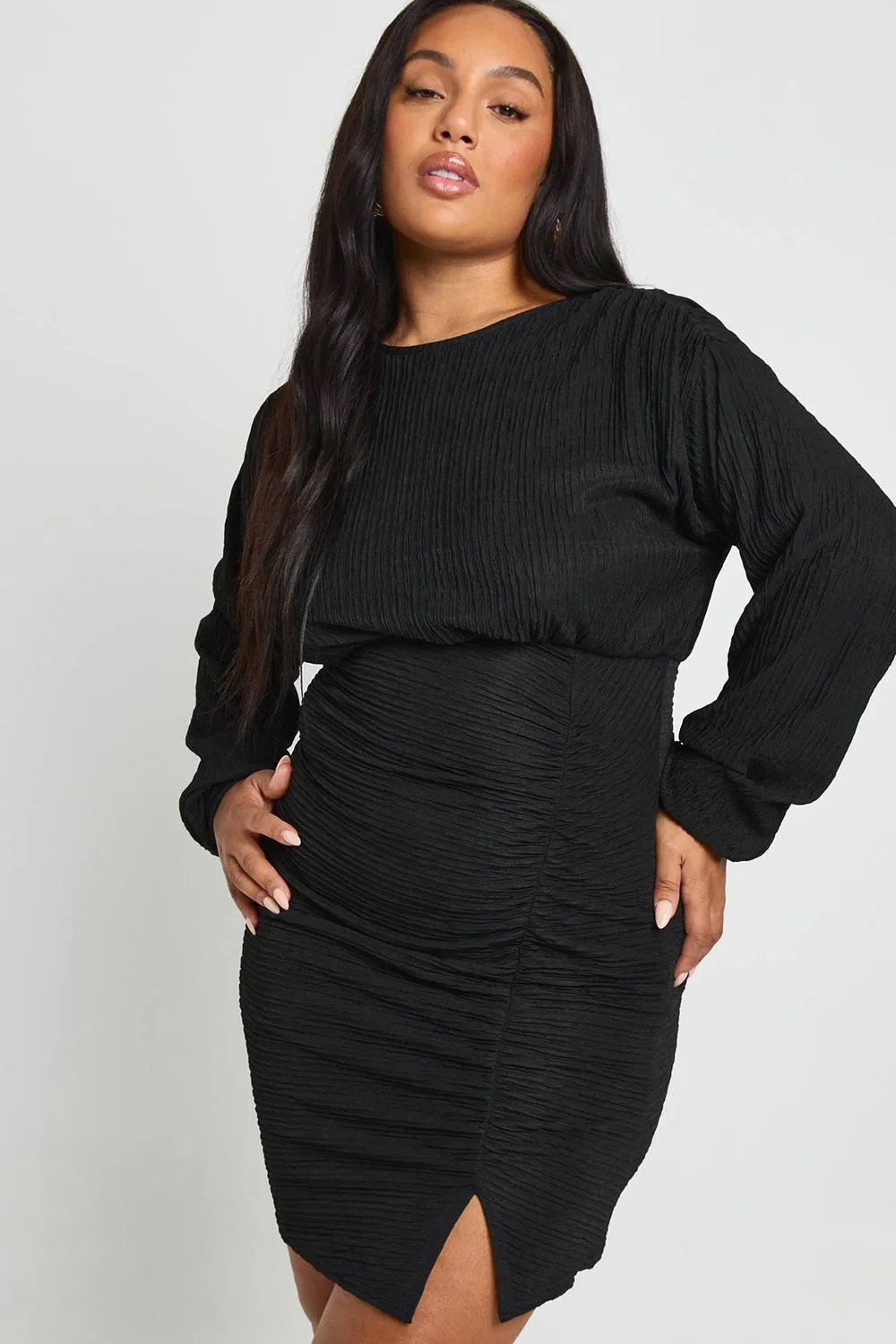 Crinkle Textured Ruched Long Sleeve Mini Dress by boohoo