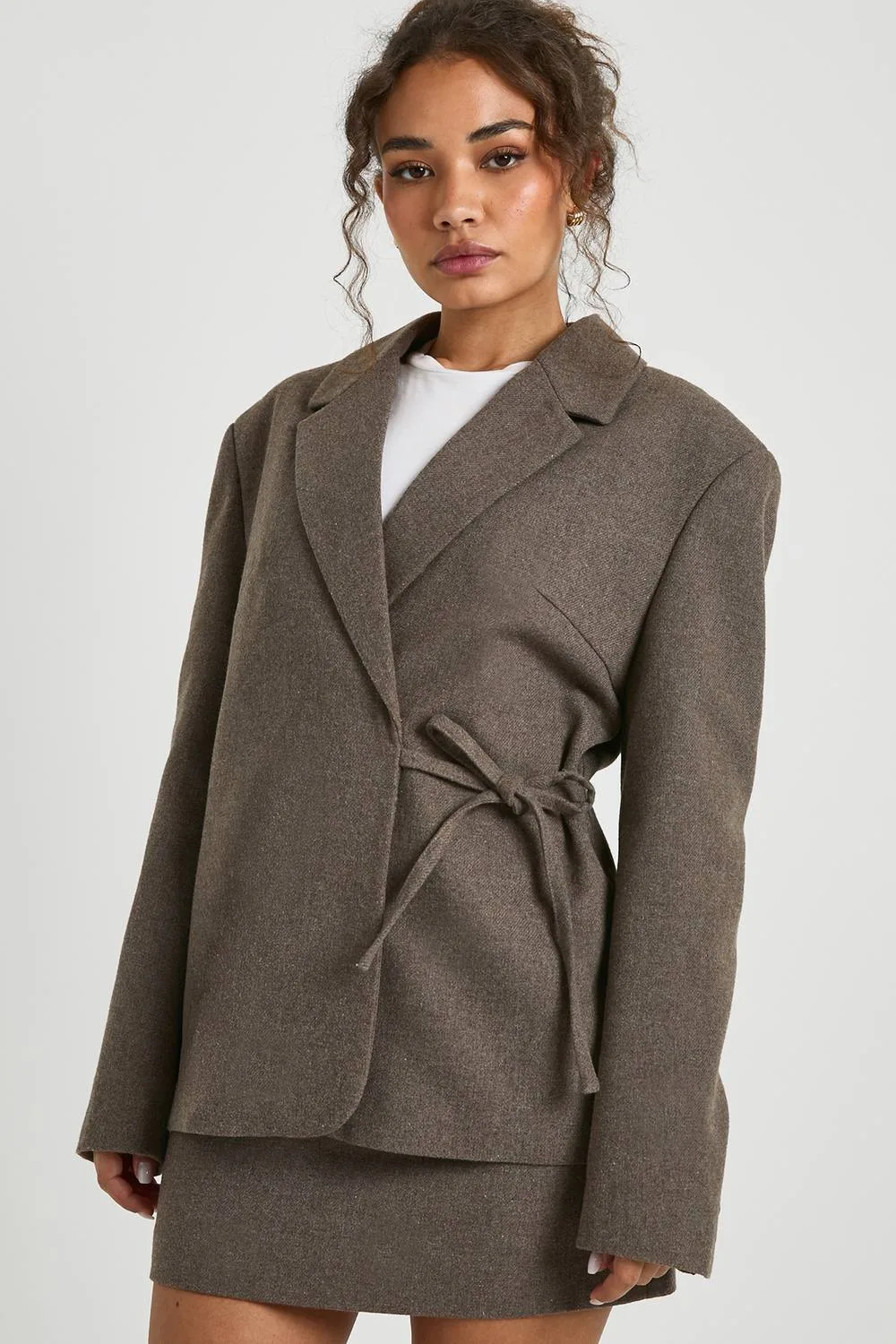 Belted Wool Look Tie Detail Blazer