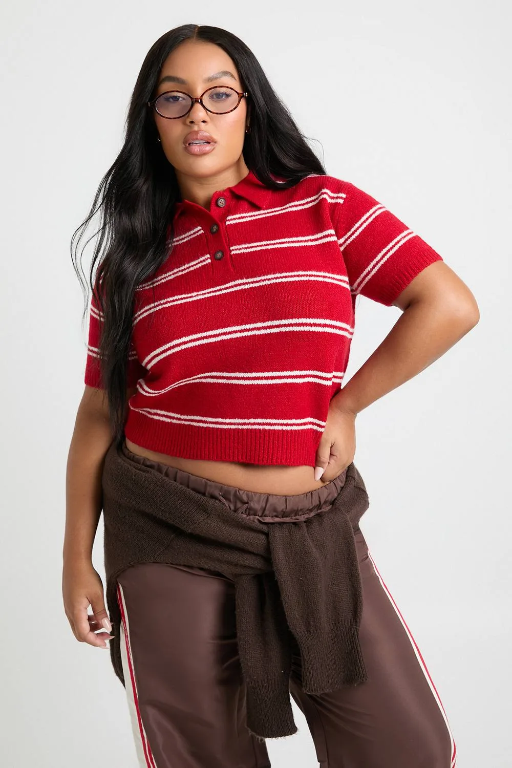 Collar Detail Stripe Knit Top by boohoo