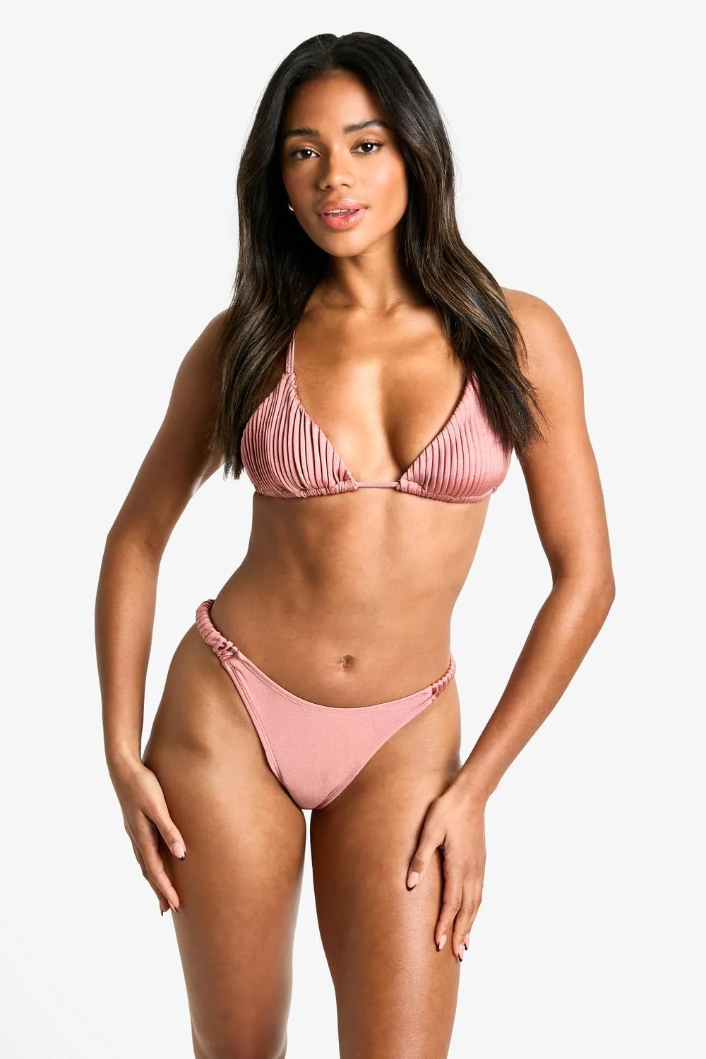 Satin Pleated High Leg Bikini Bottoms by boohoo