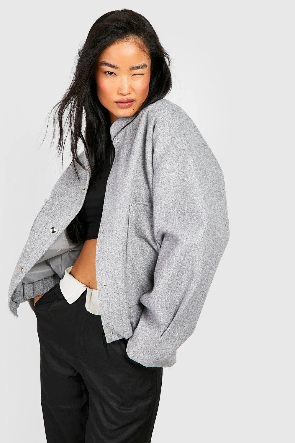 Wool Look Oversized Bomber Jacket by boohoo