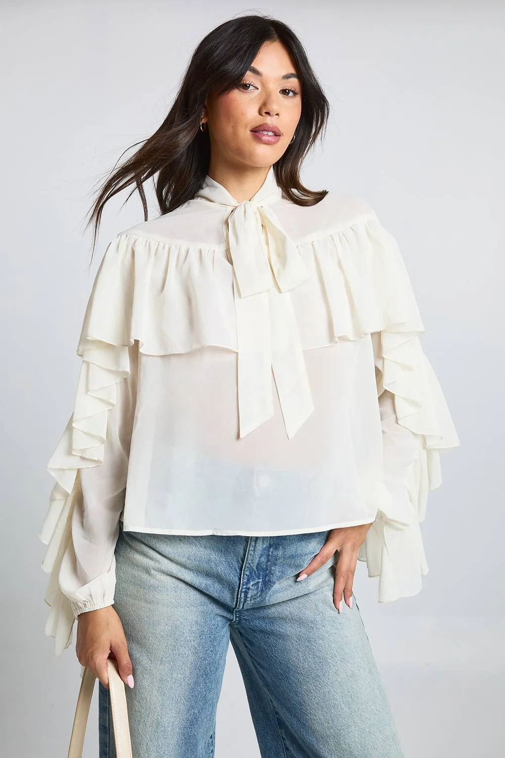 Ruffle Tie Detail Balloon Sleeve Blouse by boohoo