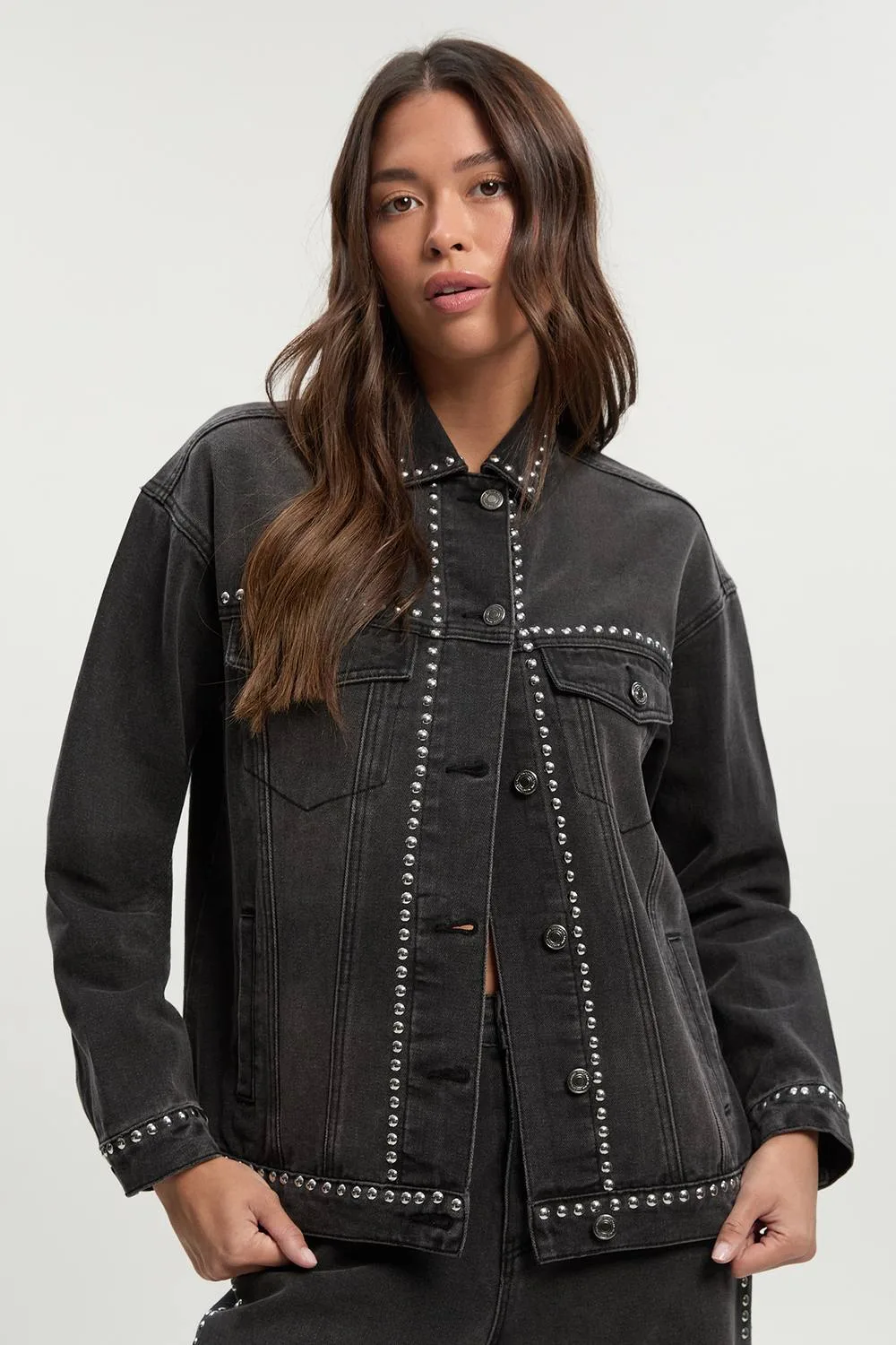 Studded Oversized Denim Jacket by boohoo