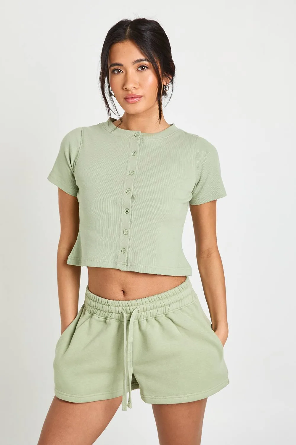 Ribbed Button Through Cap Sleeve Top & Short Tracksuit by boohoo