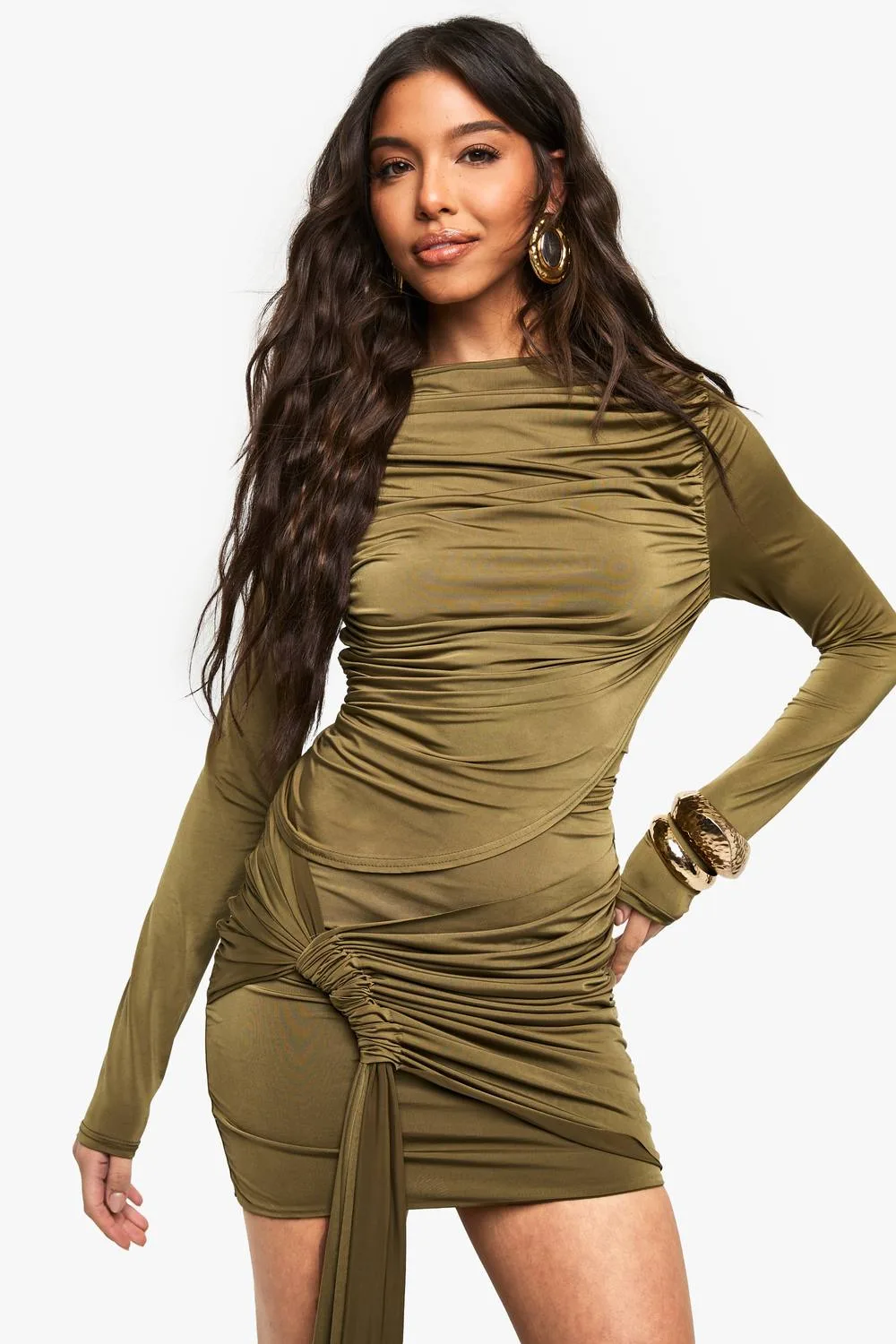 Slinky Ruched Front Long Sleeve Top by boohoo