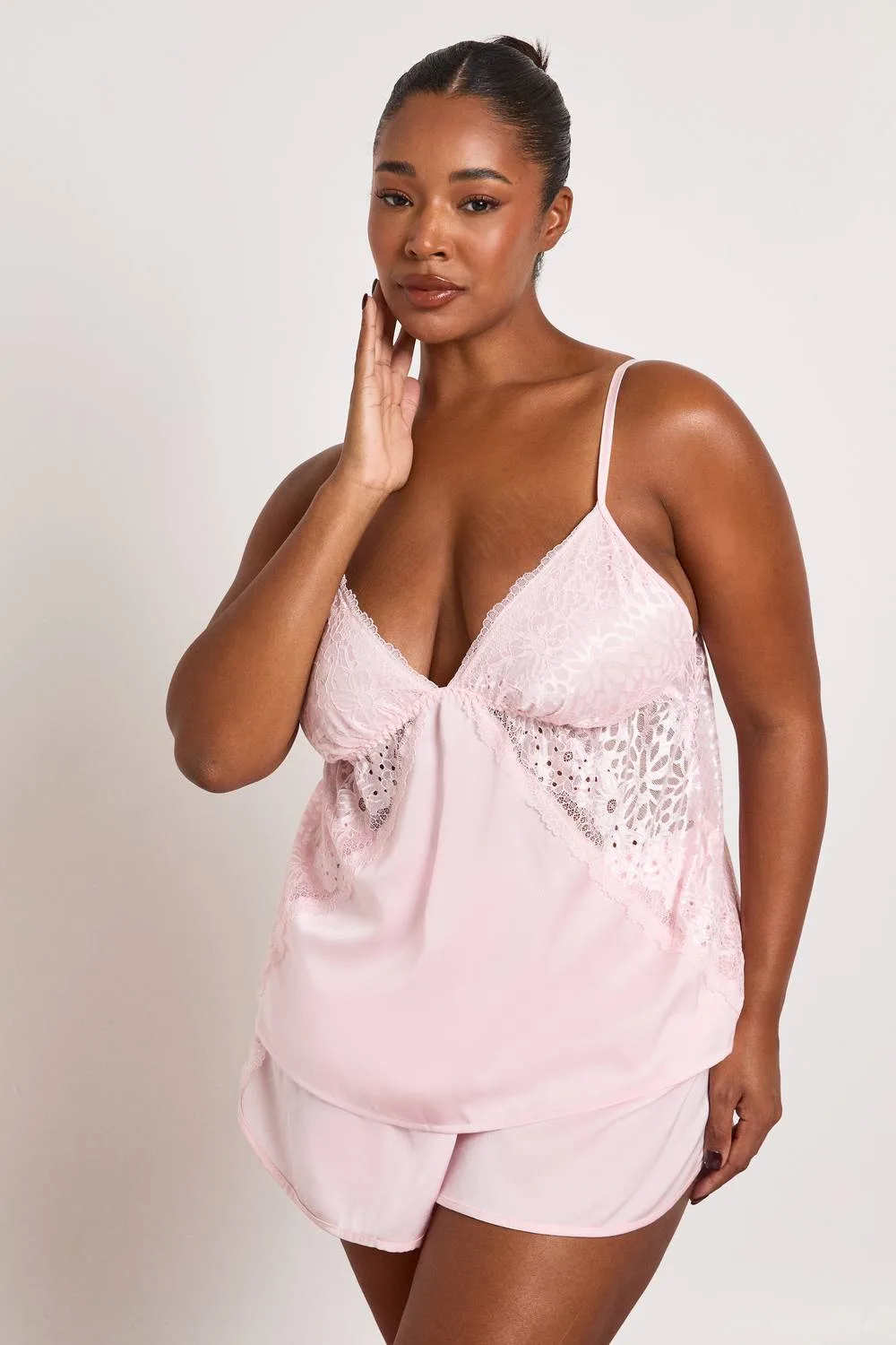 Valentines Satin Lace Detail Cami & Short Pyjama Set by boohoo