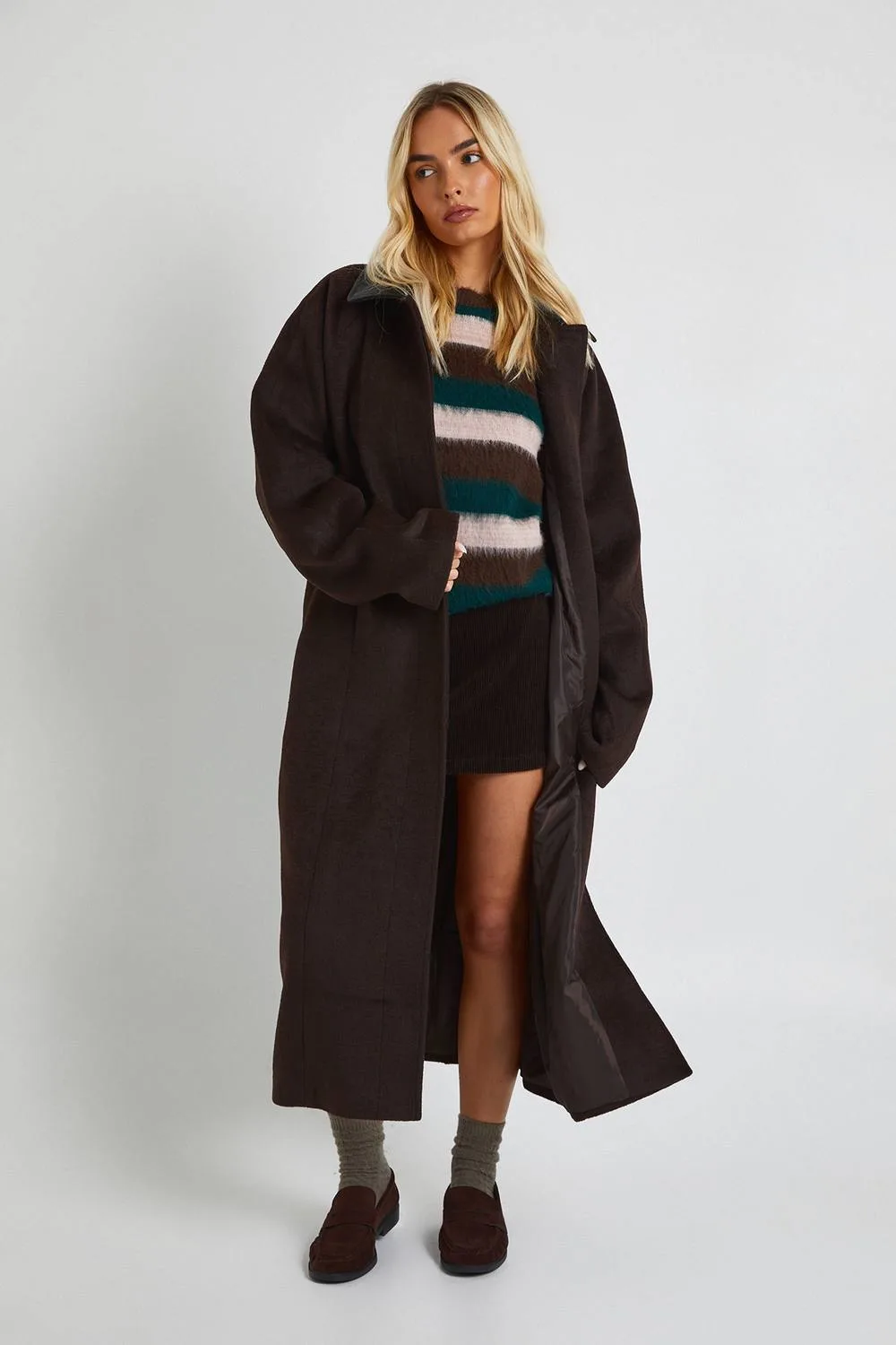 Faux Leather Collar Longline Wool Look Coat by boohoo