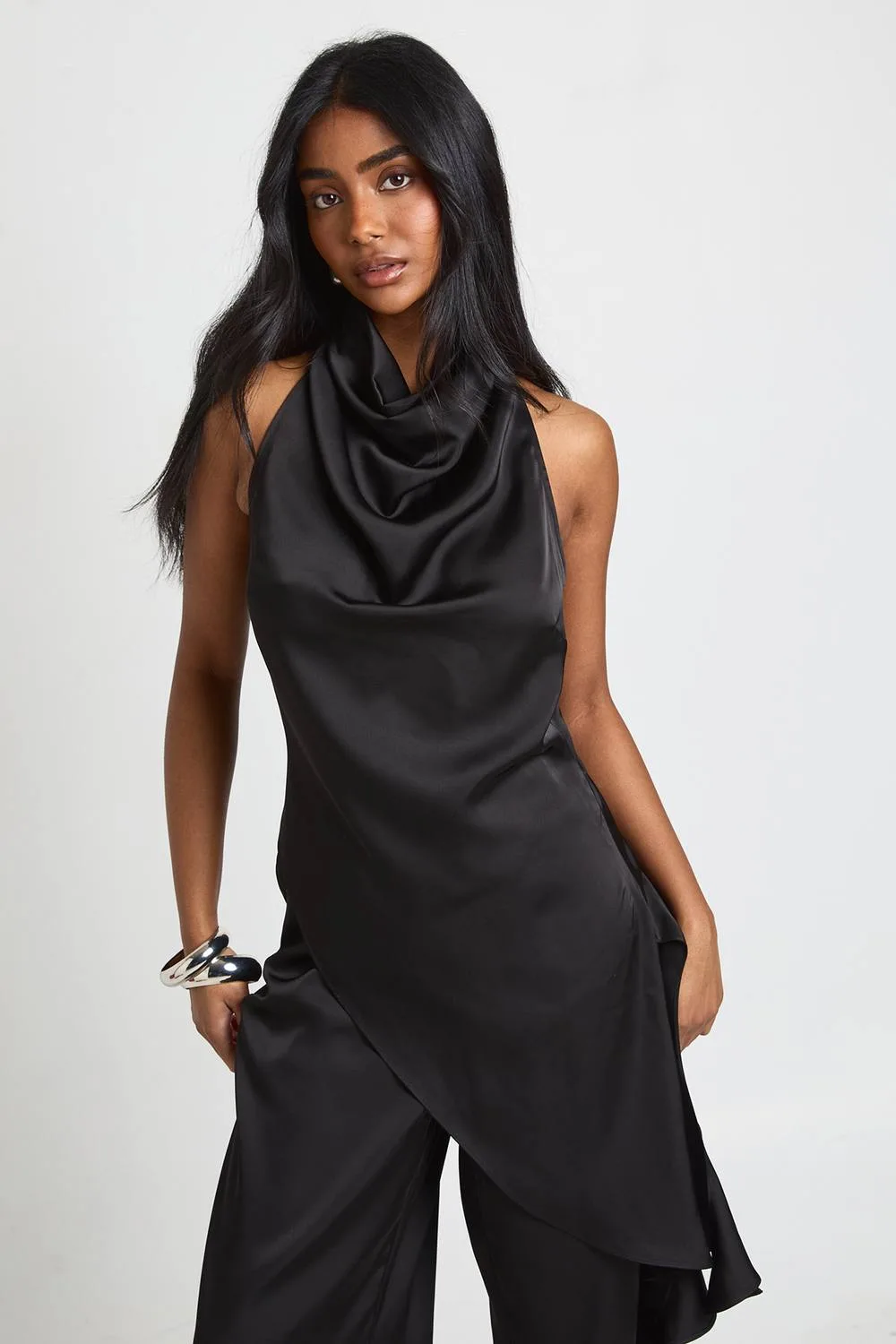Satin Cowl Neck Asym Hem Top
