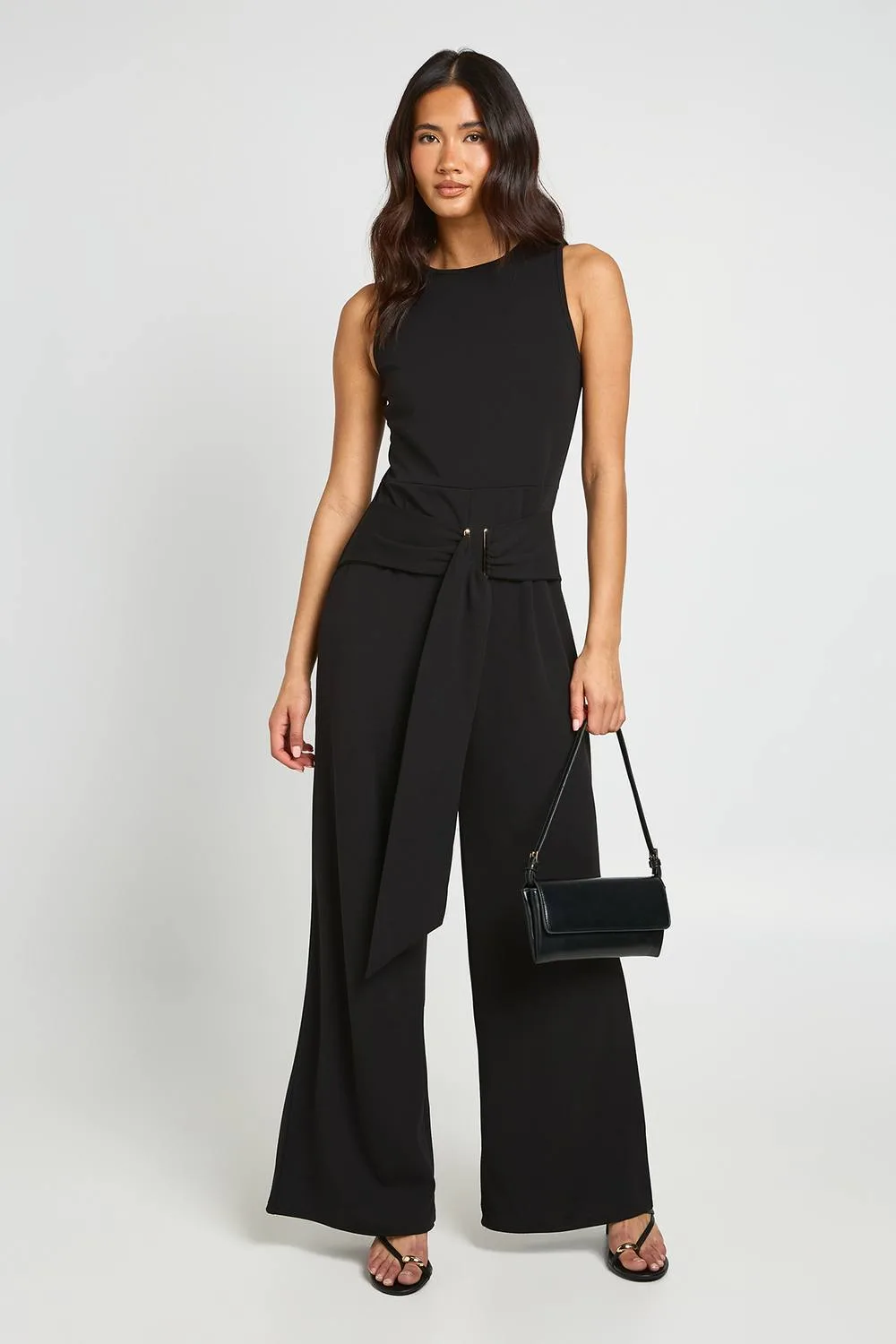 Belted Gold Trim Detail Wide Leg Jumpsuit