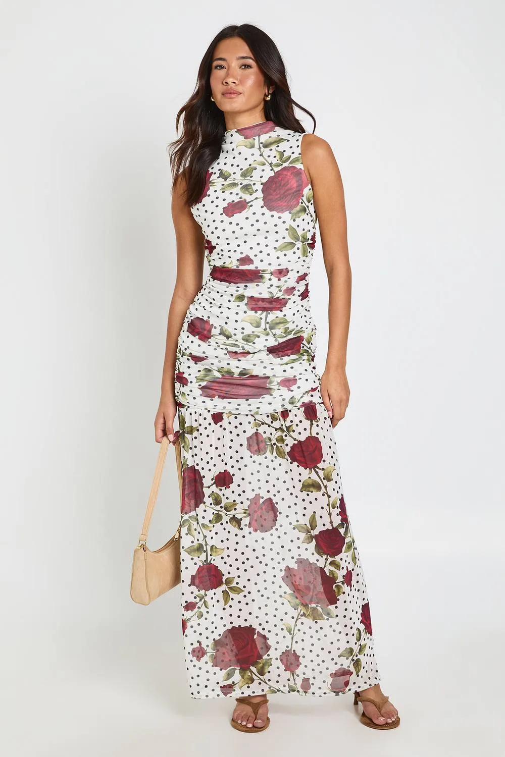Floral Polka Dot Ruched Body Maxi Dress by boohoo