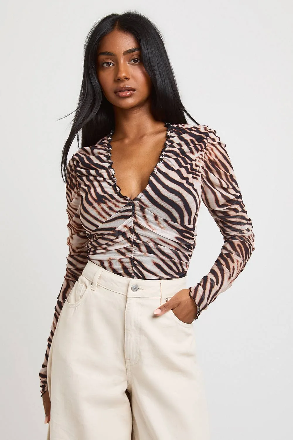 Tonal Zeba Printed Mesh Ruched Neckline Long Sleeve Bodysuit by boohoo