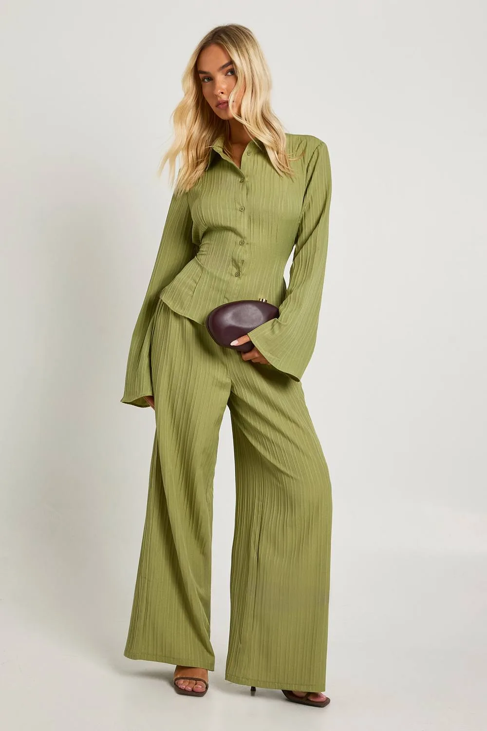 Textured Tie Back Shirt & Trouser Co-Ord by boohoo