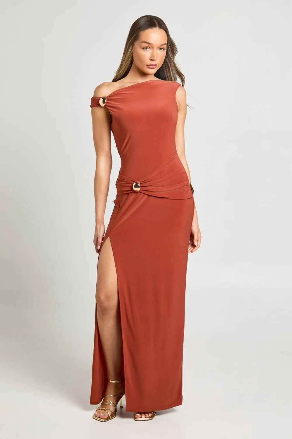Slinky Gold Trim Detail Asym Neck Maxi Dress by boohoo