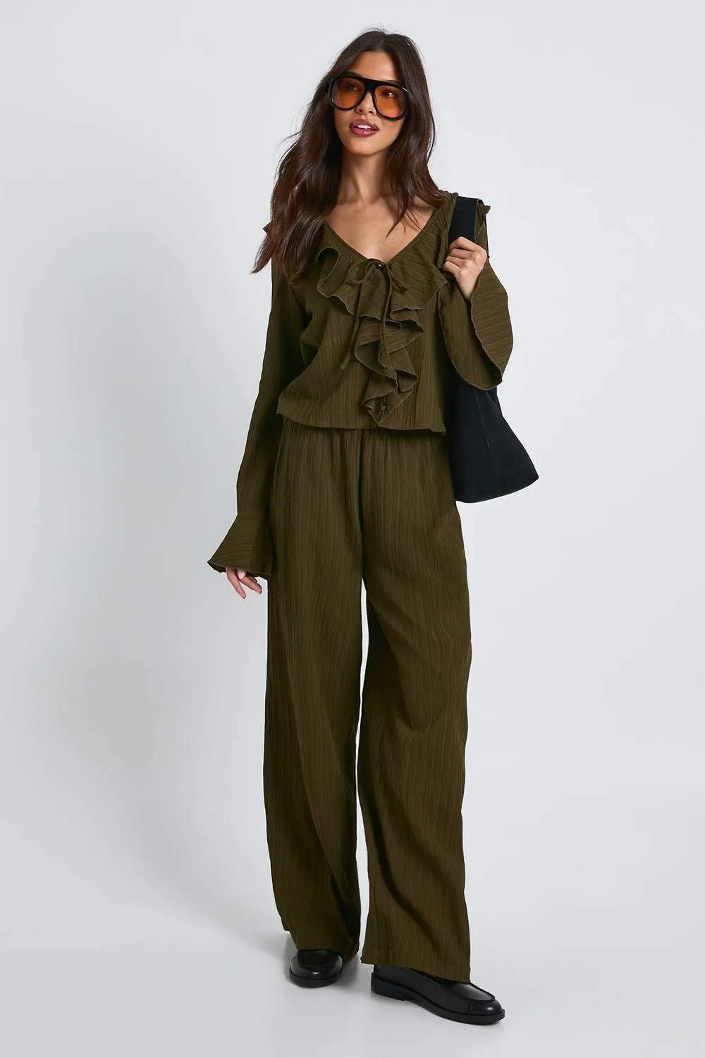 Crinkle Textured Blouse & Wide Leg Trouser Co-Ord by boohoo