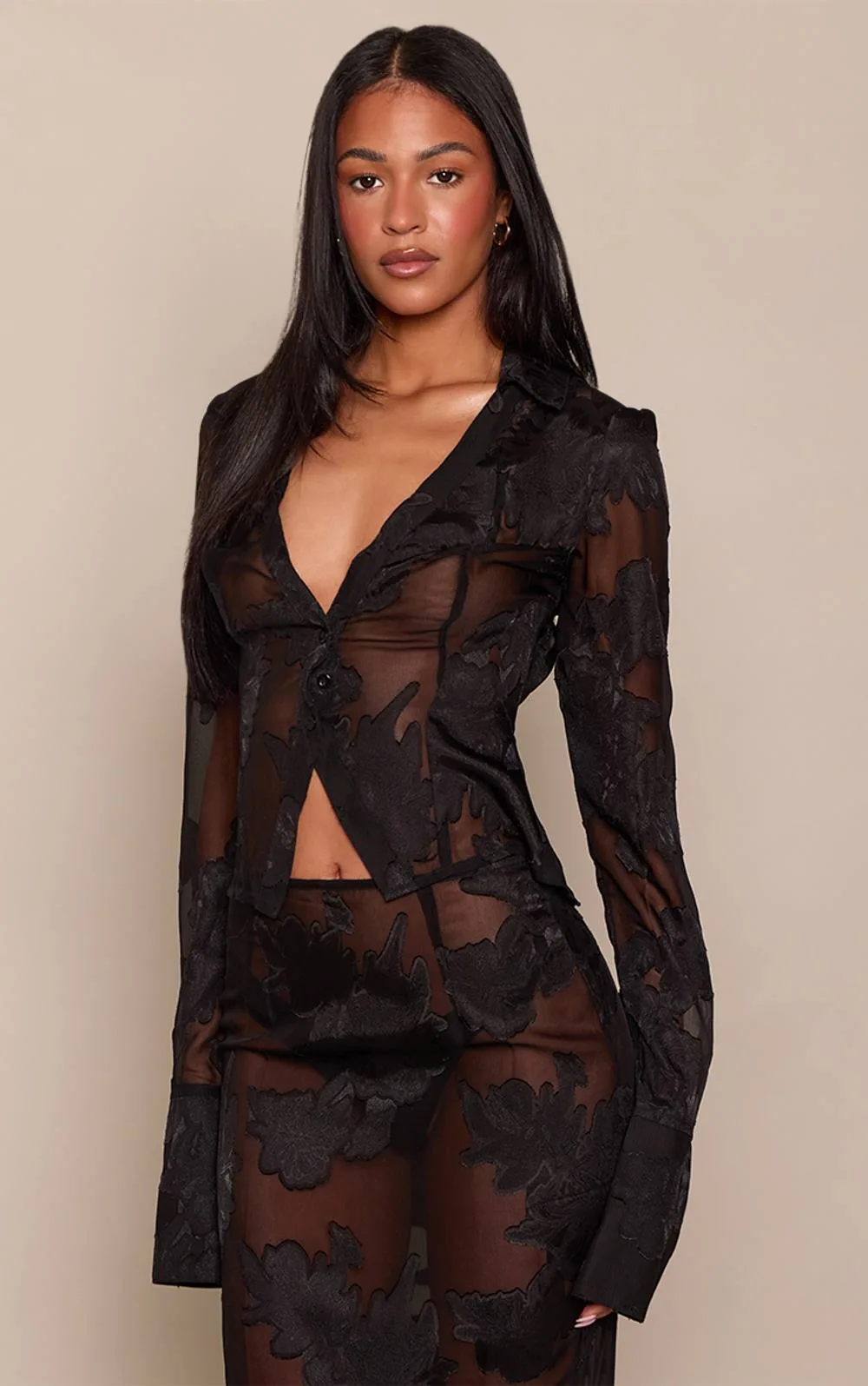 Sheer Mesh Floral Fitted Shirt Co-Ord by PrettyLittleThing