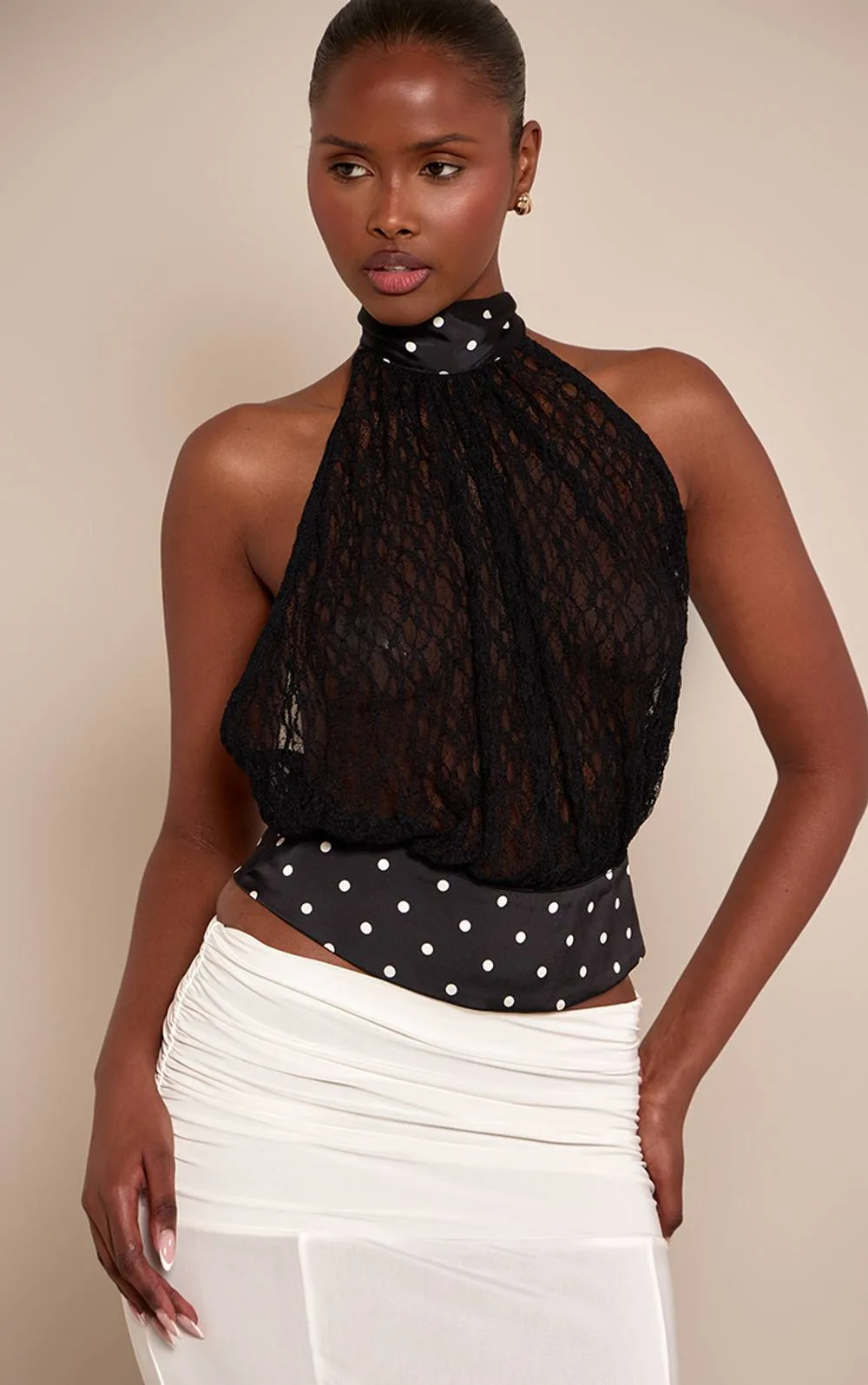 Lace Contrast Woven Trim Halterneck Top