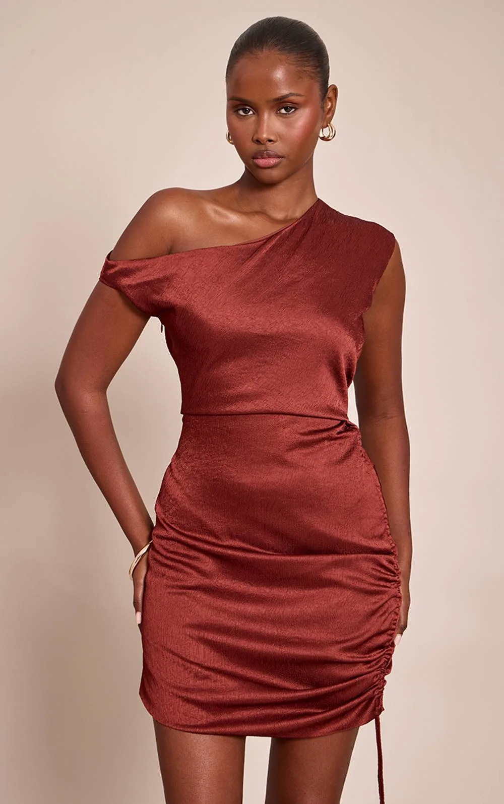 Satin One Shoulder Ruched Mini Dress