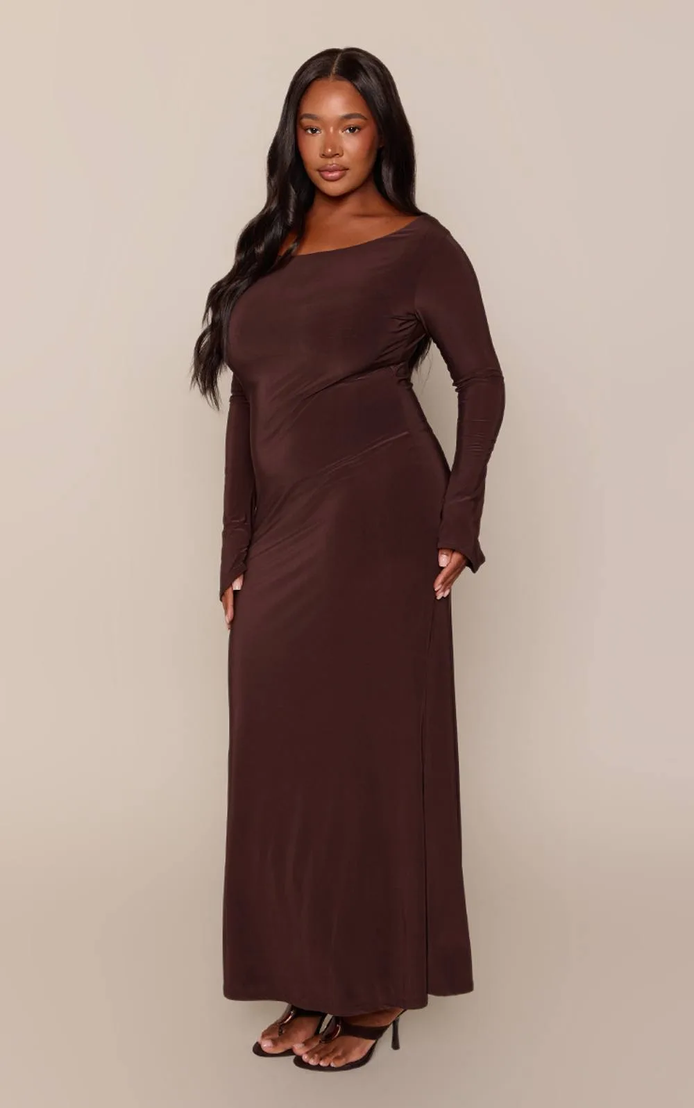 Slinky Chocolate Fishtail Bardot Long Sleeve Maxi Dress