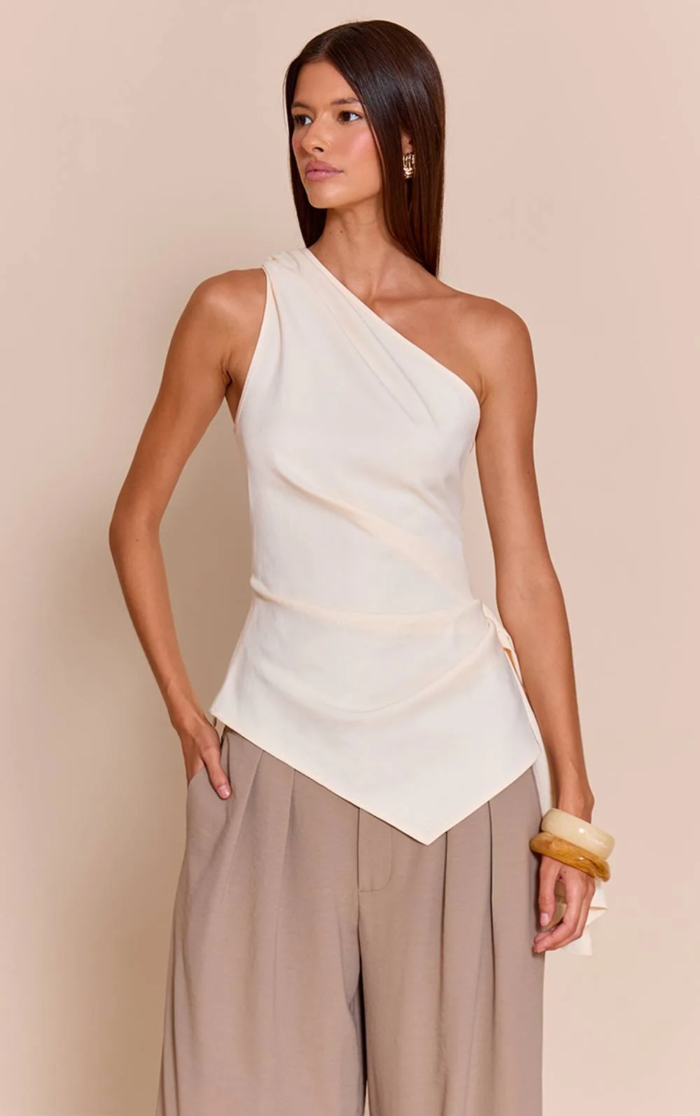 Woven One Shoulder Drape Detail Top