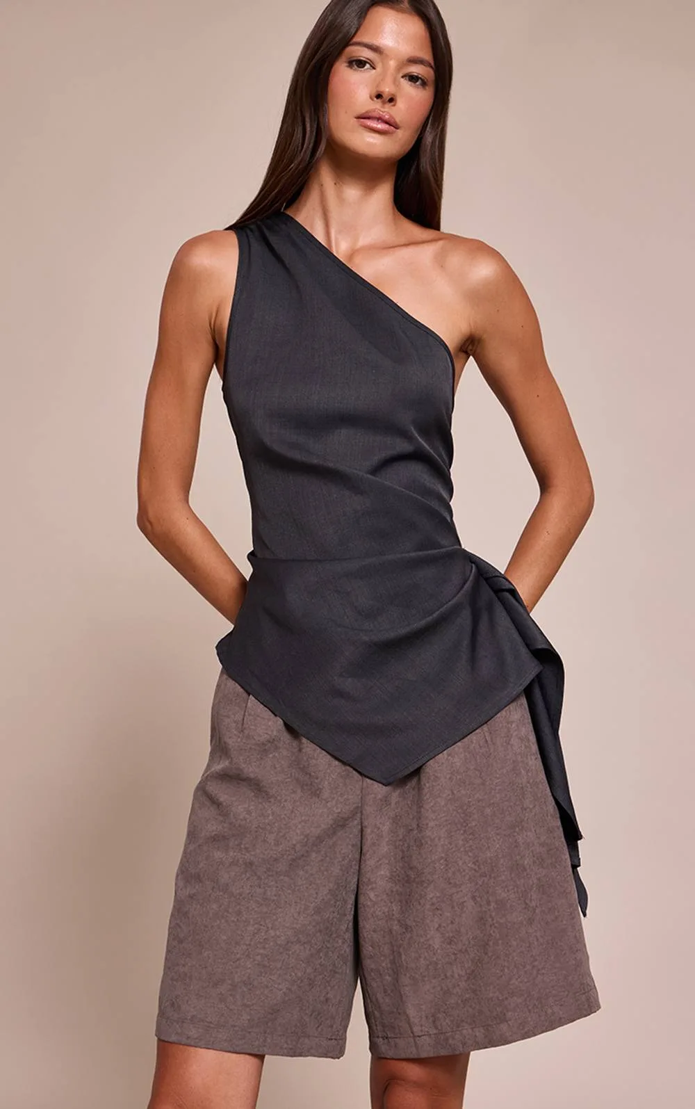 Woven One Shoulder Drape Detail Top