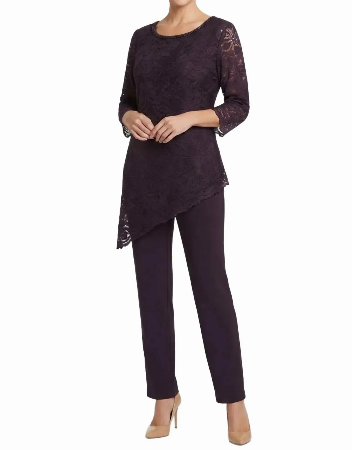 Lace Asymmetrical Tunic Pant Set in Eggplant by MAYA BROOKE