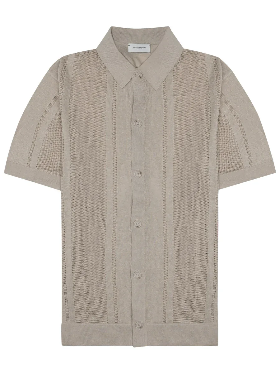 Button-Down Short-Sleeve Shirt with Textured Knit and Vertical Stripes by PAOLO PECORA MILANO