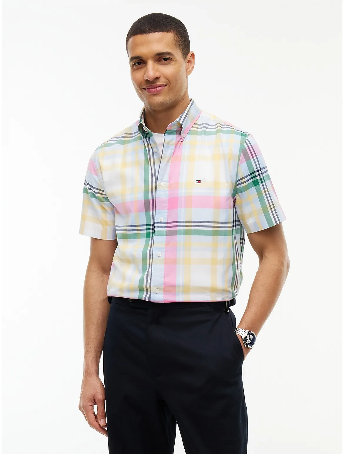 Regular Fit Short-Sleeve Madras Shirt by Tommy Hilfiger