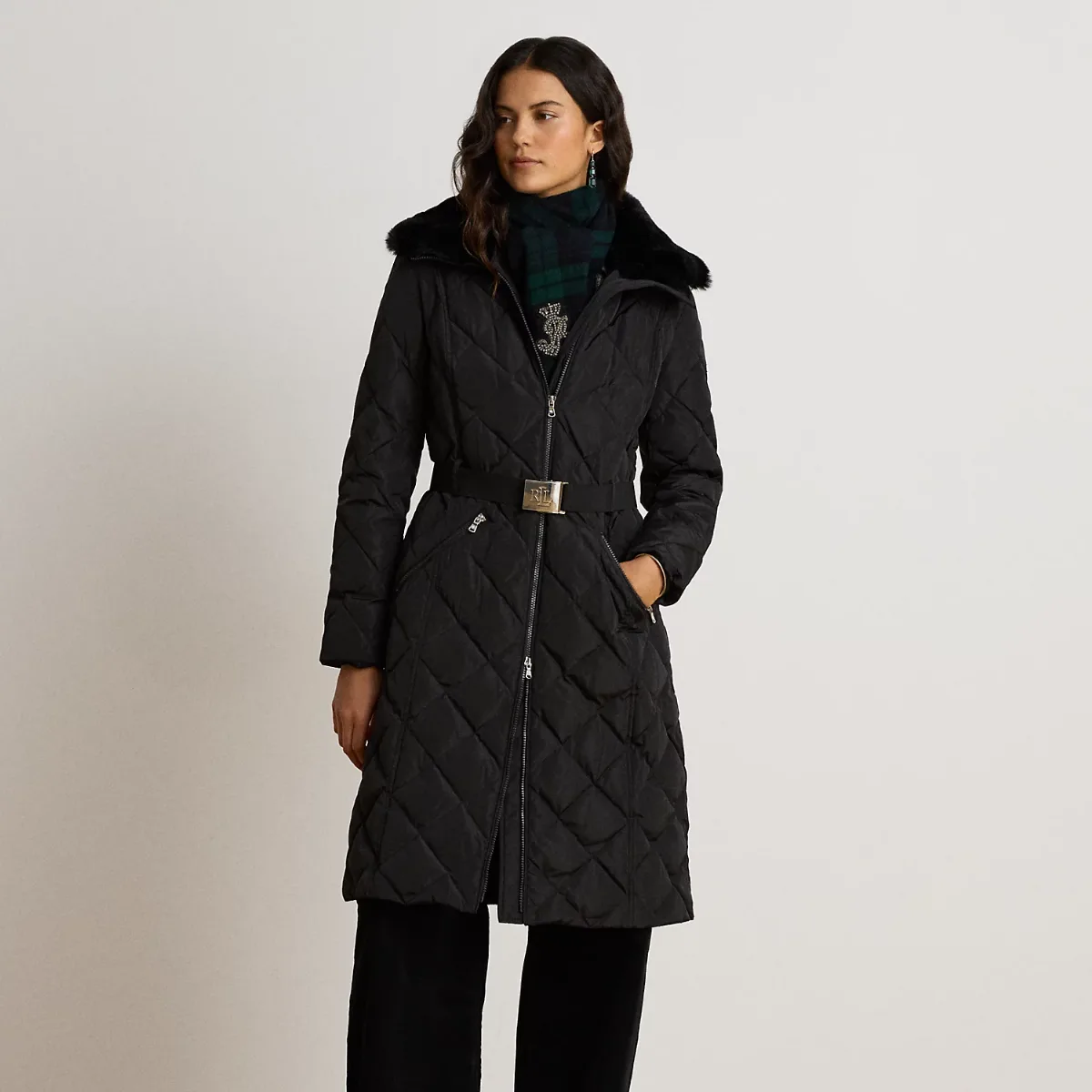 Faux-Fur-Trim Belted Quilted Down Coat by Lauren Ralph Lauren