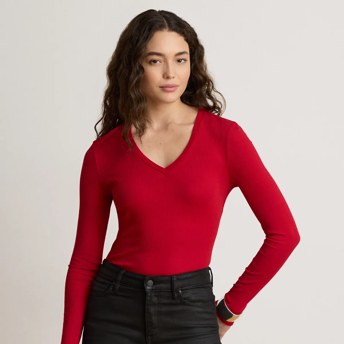 Rib-Knit Long-Sleeve V-Neck Top by Lauren Ralph Lauren