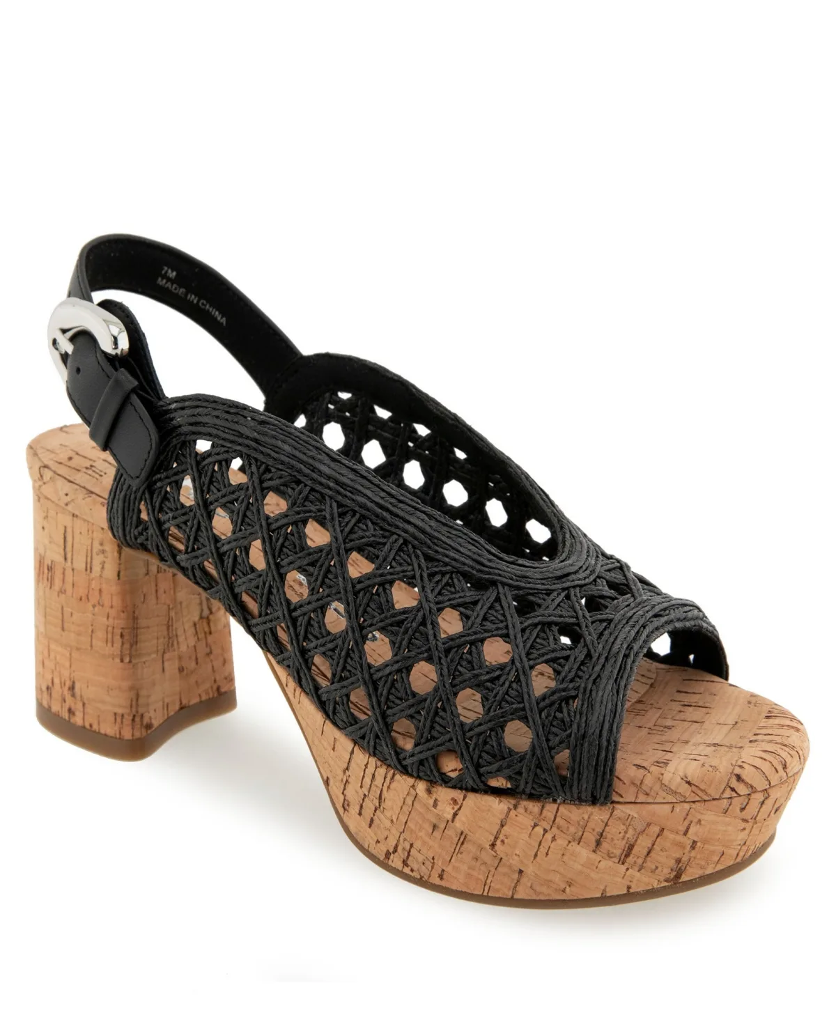 Cornelia Block Heel Sandals - Black Embroidered Raffia, Cork Heel by Aerosoles