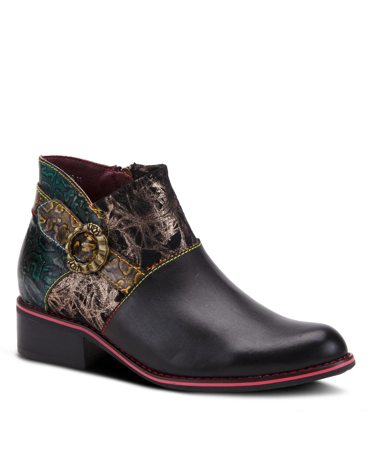 Tiatia Hand-Painted Leather Ankle Boots with Asymmetrical Buckle Strap, Embossed and Suede Panels, Block Heel, and Side Zipper