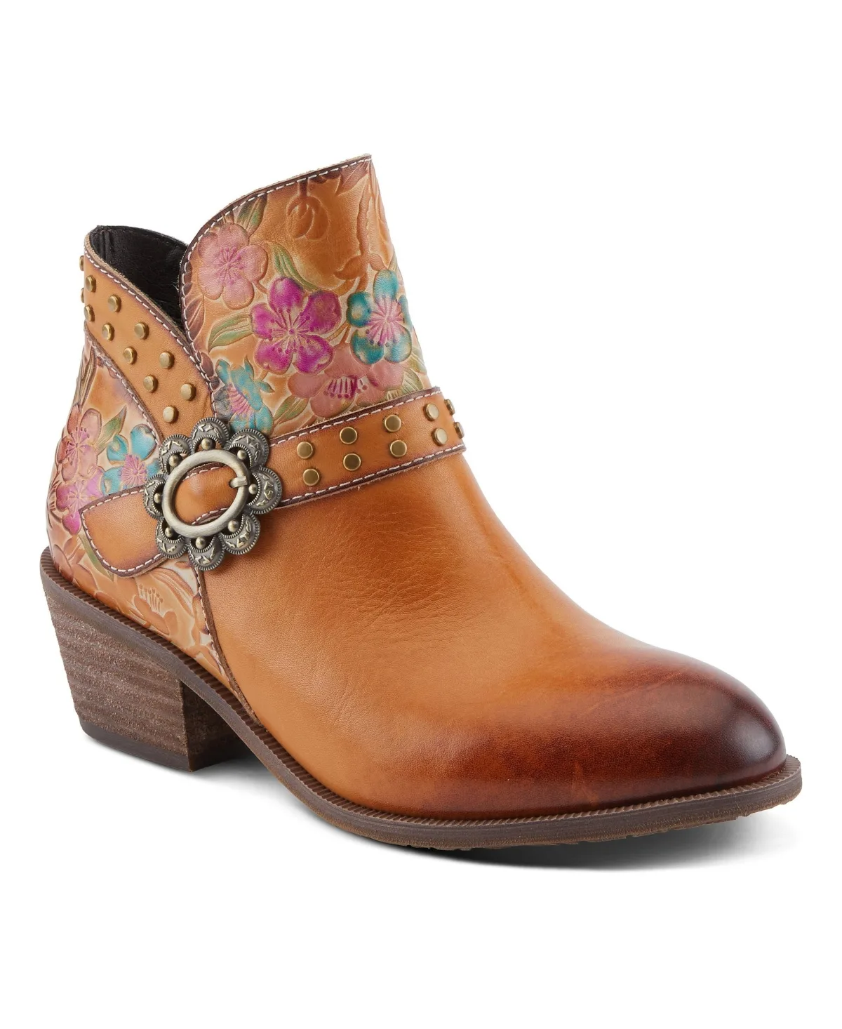 Daintylady Western Ankle Boots with Hand-Painted Floral Embossing, Studded Belt Detail, Side Zipper, and 2¼" Heel