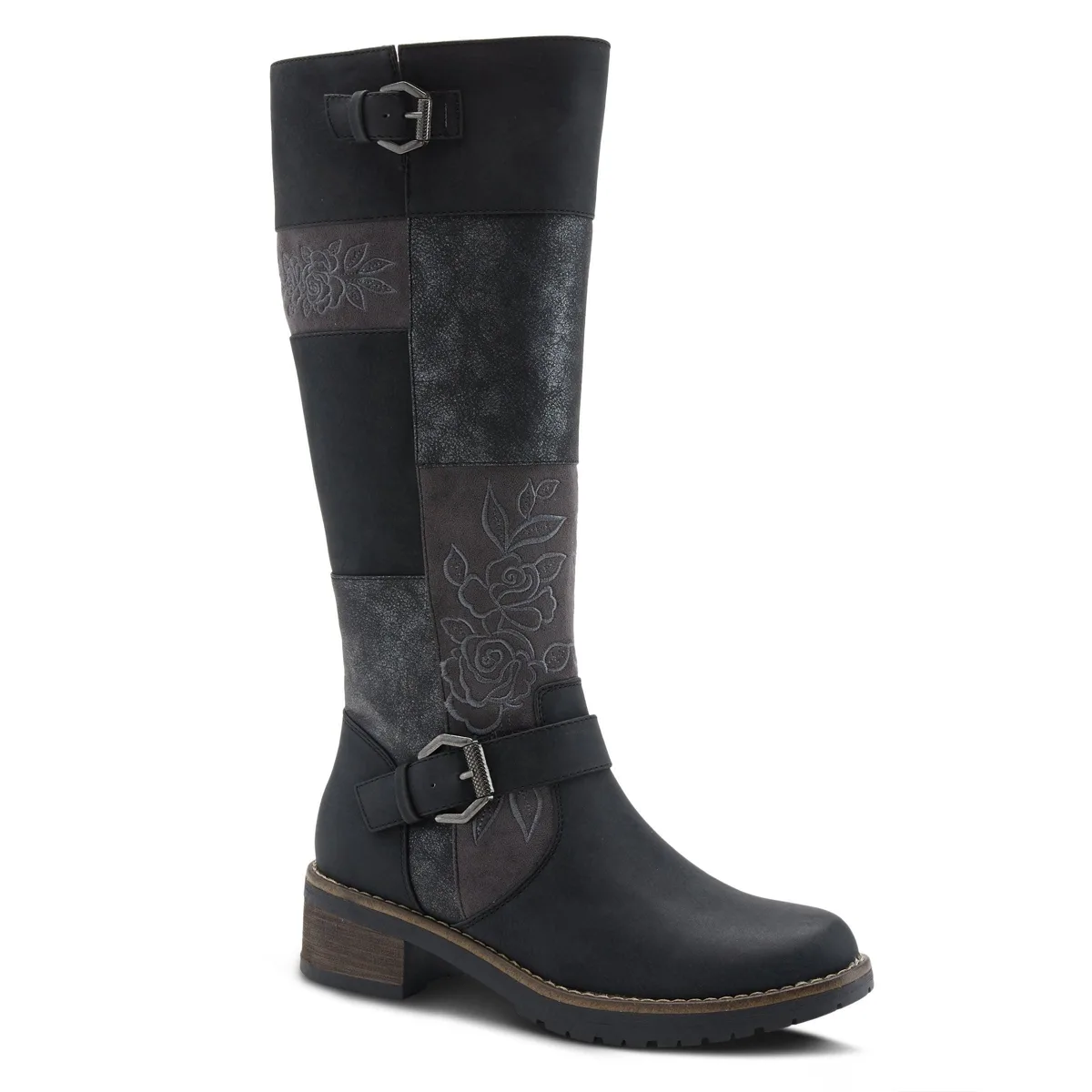 Collage Patchwork Knee-High Boots with Embroidery and Buckle Accents by Patrizia