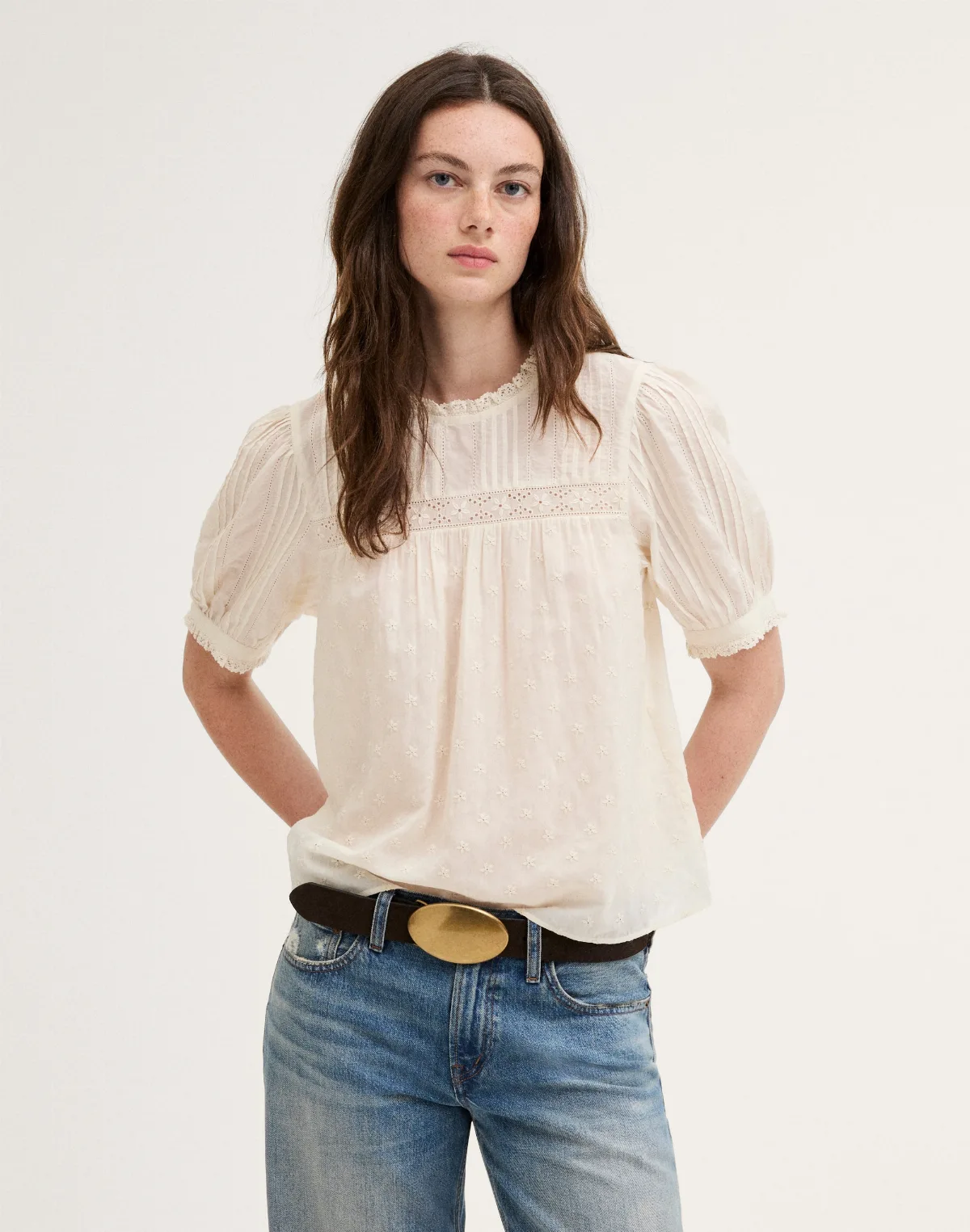 Embroidered Pintuck Crewneck Top by MW
