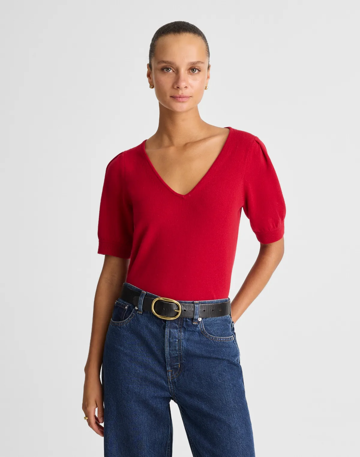 V-Neck Puff-Sleeve Sweater Tee in Cashmere by MW