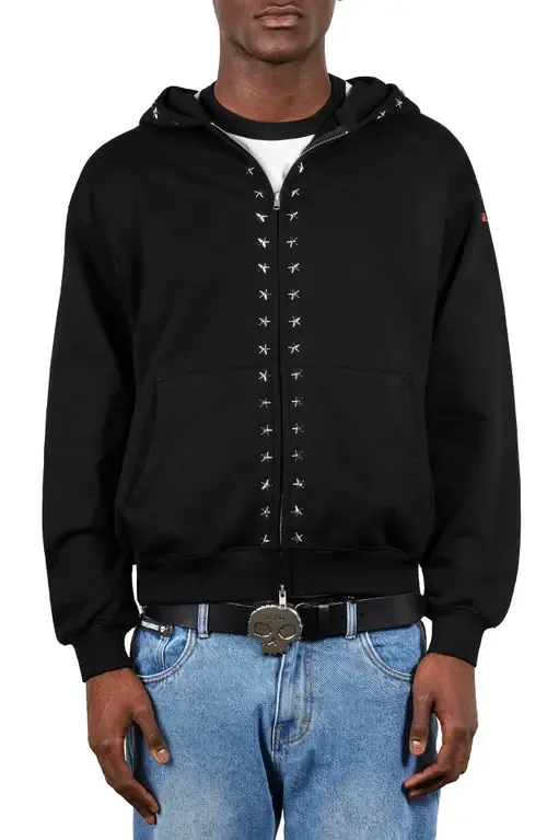 Pleasures x Zero Skateboards Dane Studded Relaxed Fit Cotton Hoodie in Black by PLEASURES