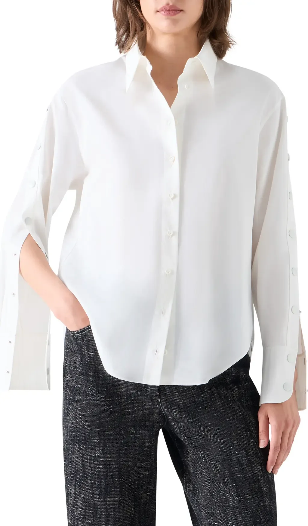 Split Sleeve Cotton Poplin Button-Up Shirt