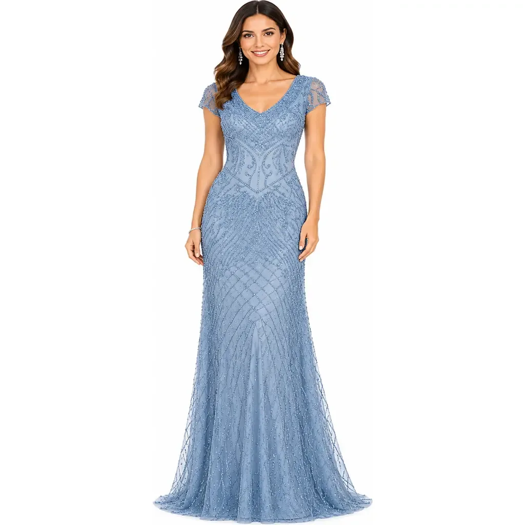 Beaded Cap Sleeve Gown with V-Neckline by LARA New York
