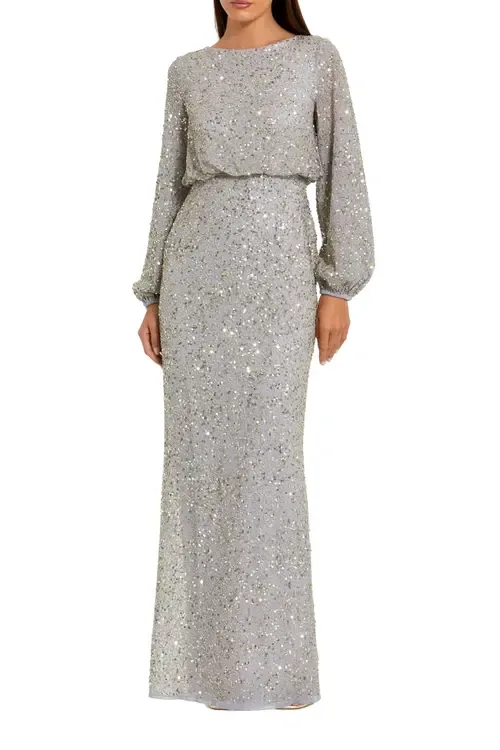 Beaded Mesh Blouson Sleeve Evening Gown by Mac Duggal